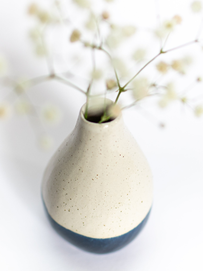 handmade ceramic white and blue bud vase