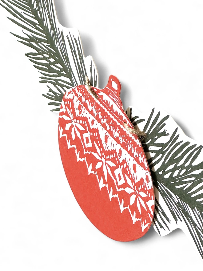 Christmas Linocut Garland,Hand Printed Nordic Bauble/Pine 