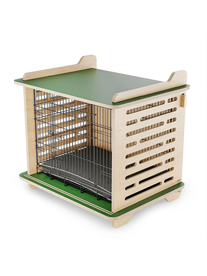 wooden dog crate with green top and base side view interior with cushion and cage front