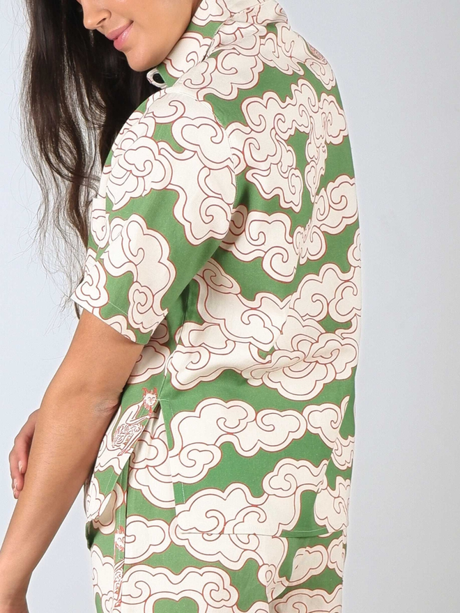 Organic Cotton & Linen Green Clouds Cuban Shirt