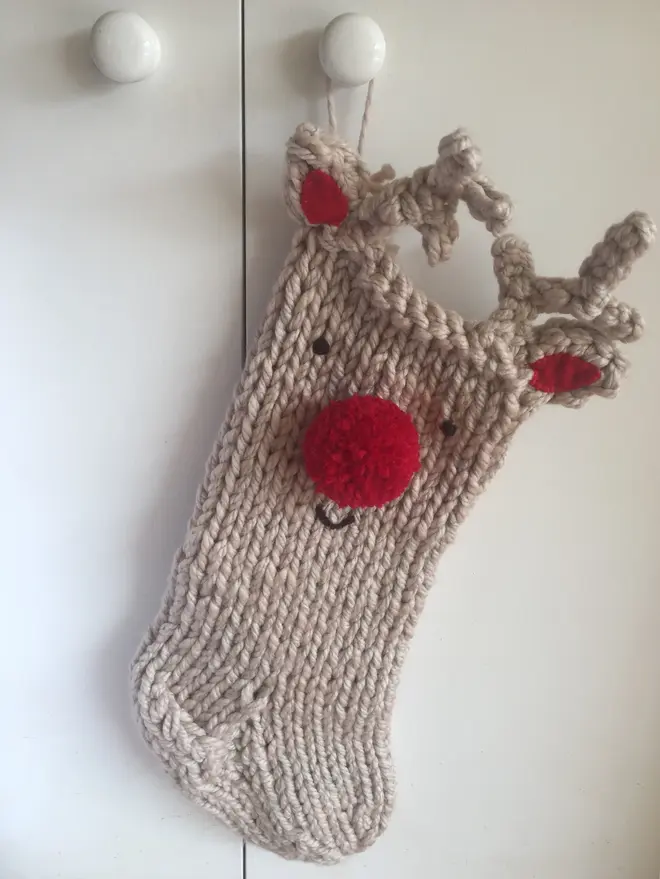 Hand Knitted Reindeer Stocking with Red Ears.