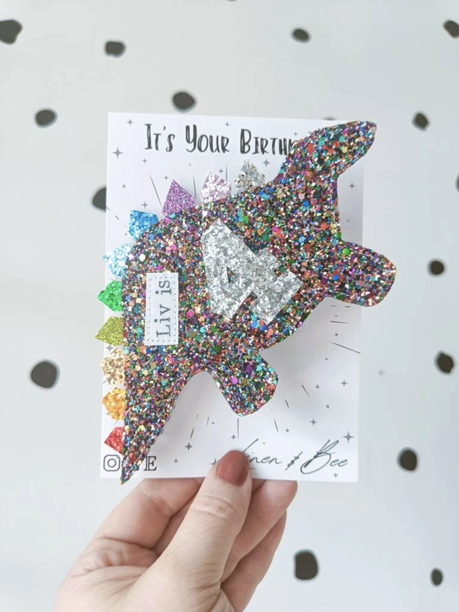 Personalised Glitter Dinosaur Birthday Badge. 