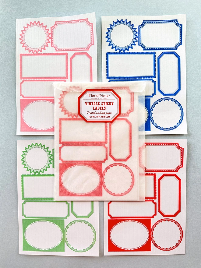 Organisational Vintage Inspired self adhesive Sticky Labels. Ideal for labelling stationery, notebooks, love letters, jars, gifts & so much more. Pack of 21 mixed labels, 4 sheets, one in pink, green, blue & red. Designed by Flora Fricker