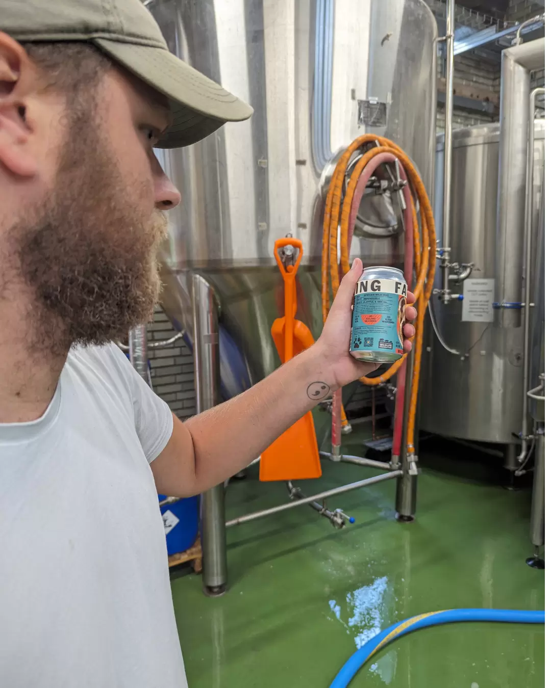 Phil Howard standing in the brewery holding a can of Wild Dog IPA beer and reading the information on the label about wildlife conservation