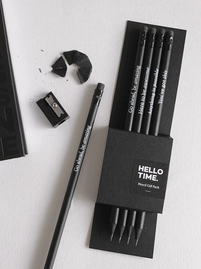 Close up of the motivational, monochrome quote pencil set. 