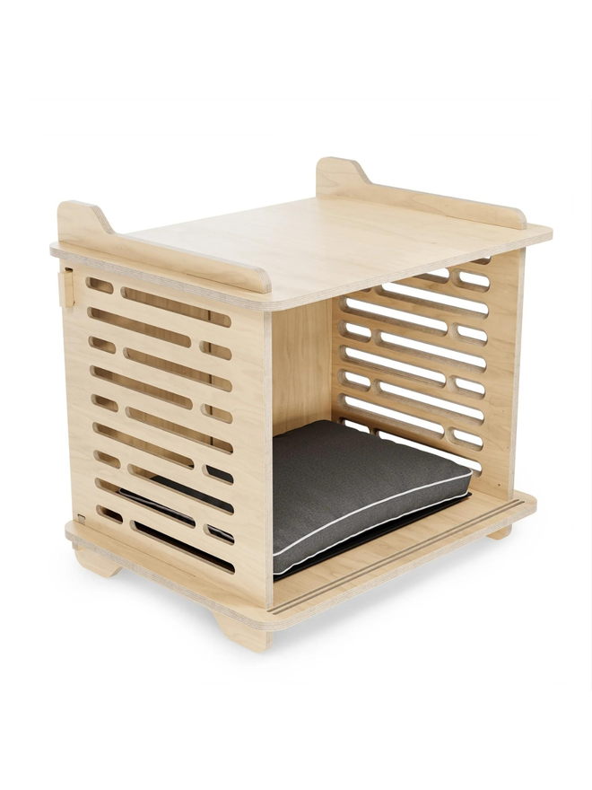 wooden dog crate side view with cushion