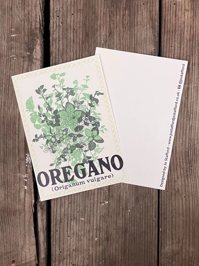Herb Postcard Pack Oregano illustration showing  front of card and back with small line of text