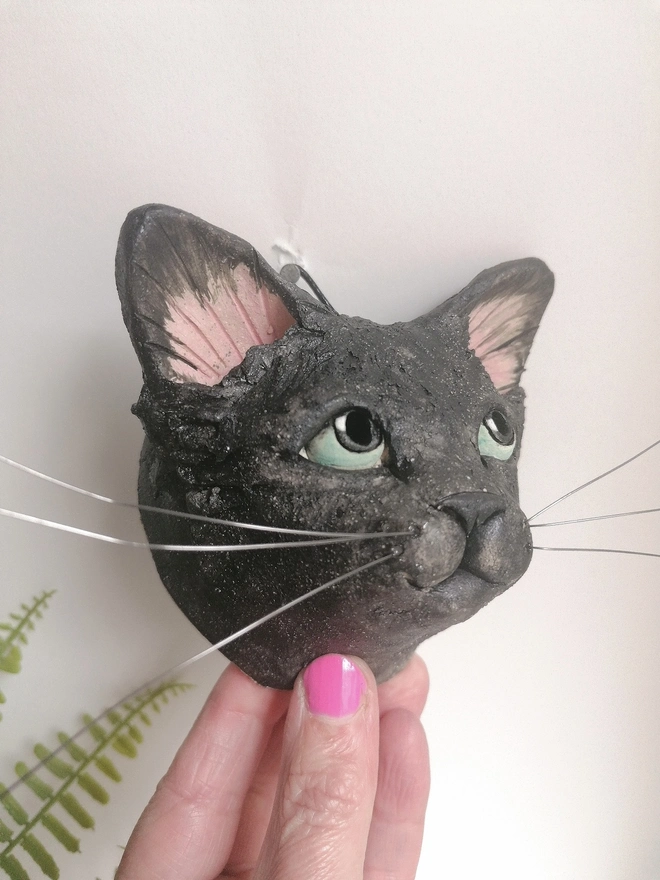 Black Cat Head With Green Eyes Ceramic Sculpture TBC