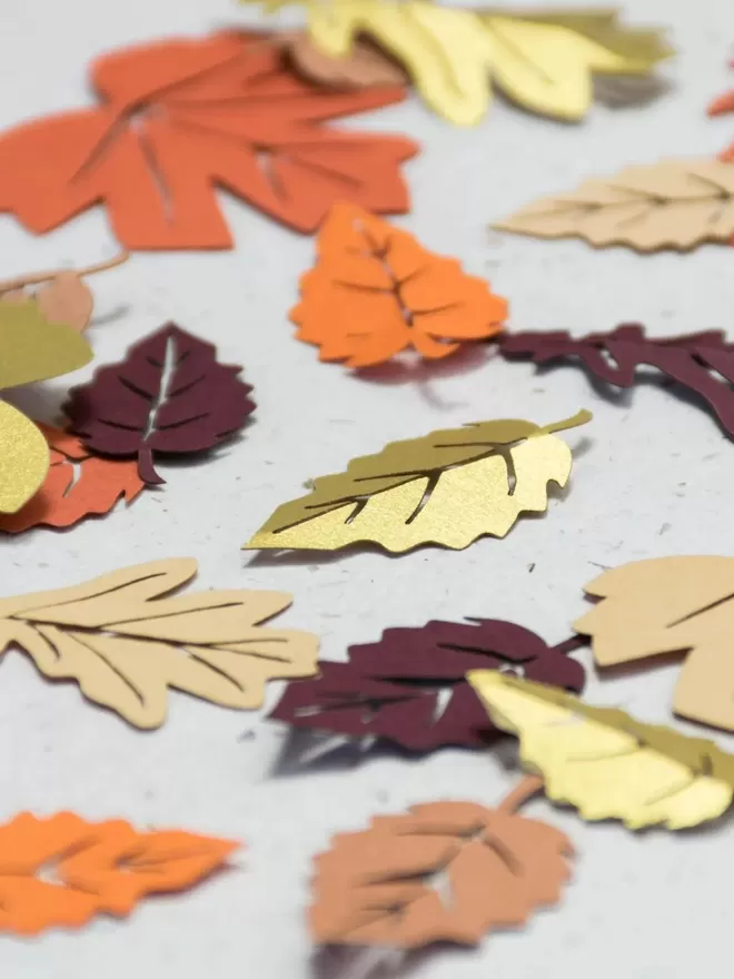 Autumn Leaf Confetti close up showing leaf veins cut out from confetti pieces