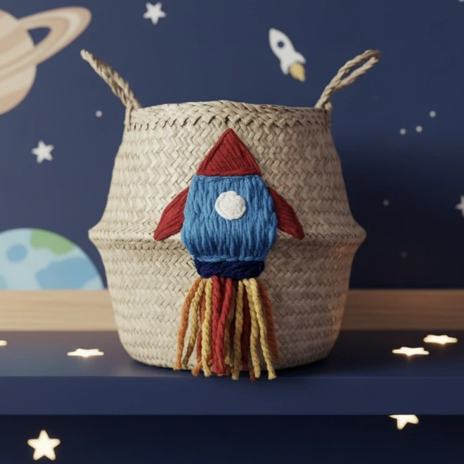 Embroidered Rocket Basket. Woven basket with a rocket on the front on a ledge in a space themed kids room