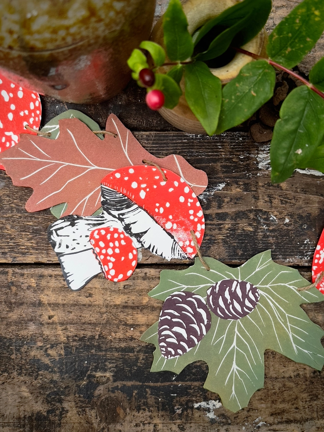 Hand Printed Woodland Garland,Linocut Mushrooms/Leaves