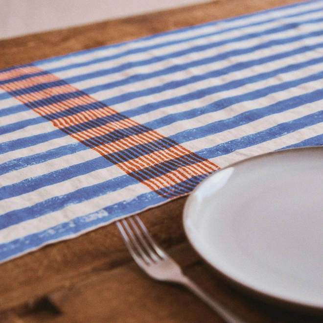 Striped lido blue and red printed tablecloth