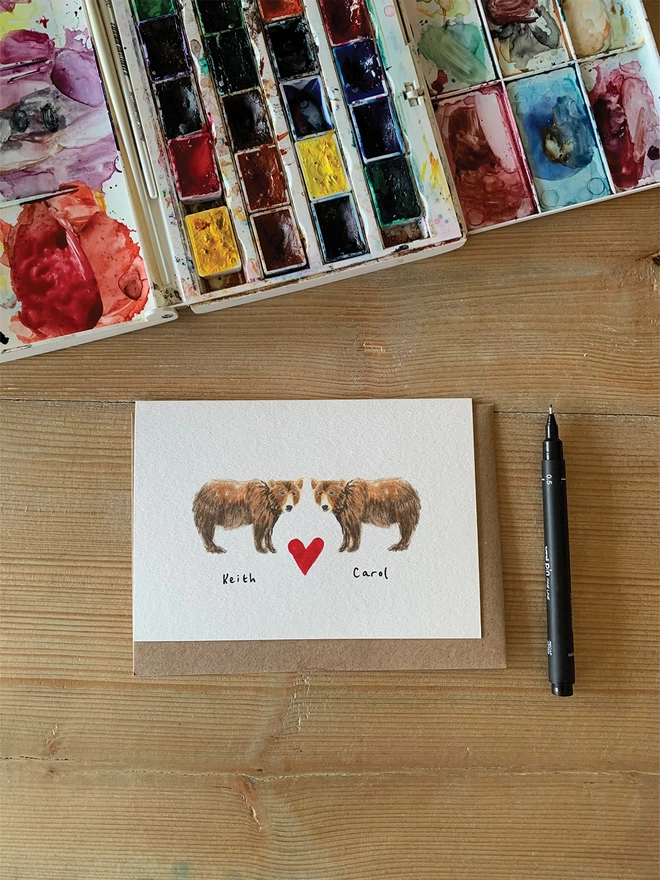 Personalised hand painted Love heart bear cards suitable for all