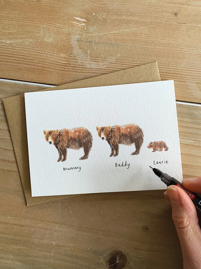 Personalised Bear Family Greeting Card.  Family with Two Adults and One Cub 
