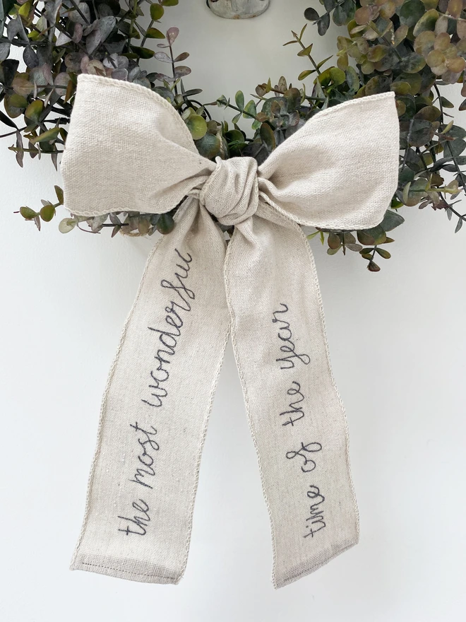 The most wonderful time of the year wired linen bow on wreath