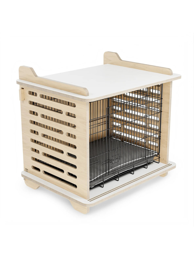 wooden dog crate interior side view with cushion and cage front