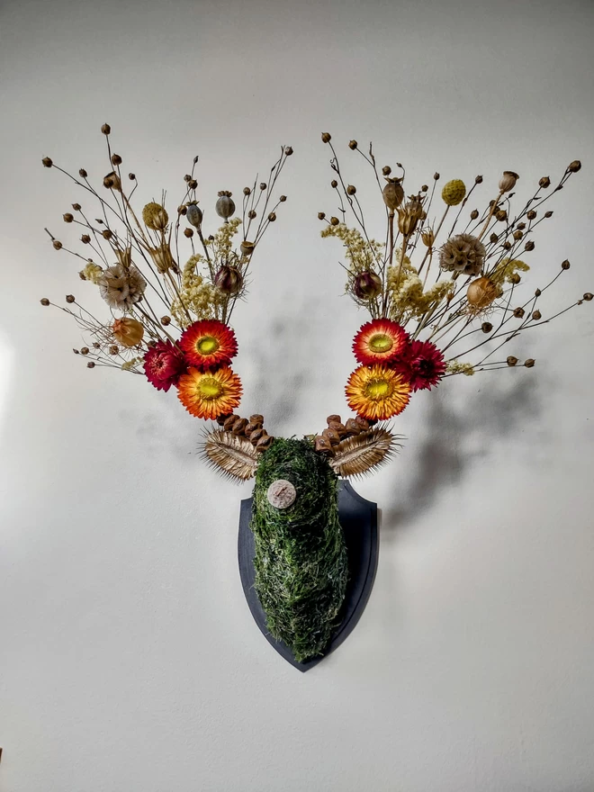 Botanical Stag Head Wall Mount Handmade Dried Flower Sustainable Art in The Cotswolds