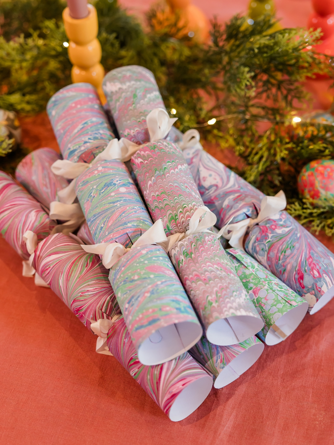 Hand-marbled Christmas crackers