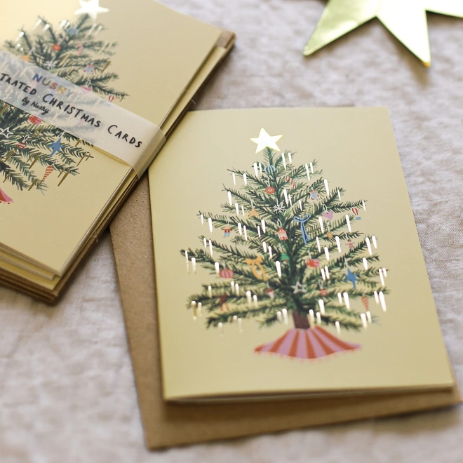 Yellow Christmas tree retro card pack 