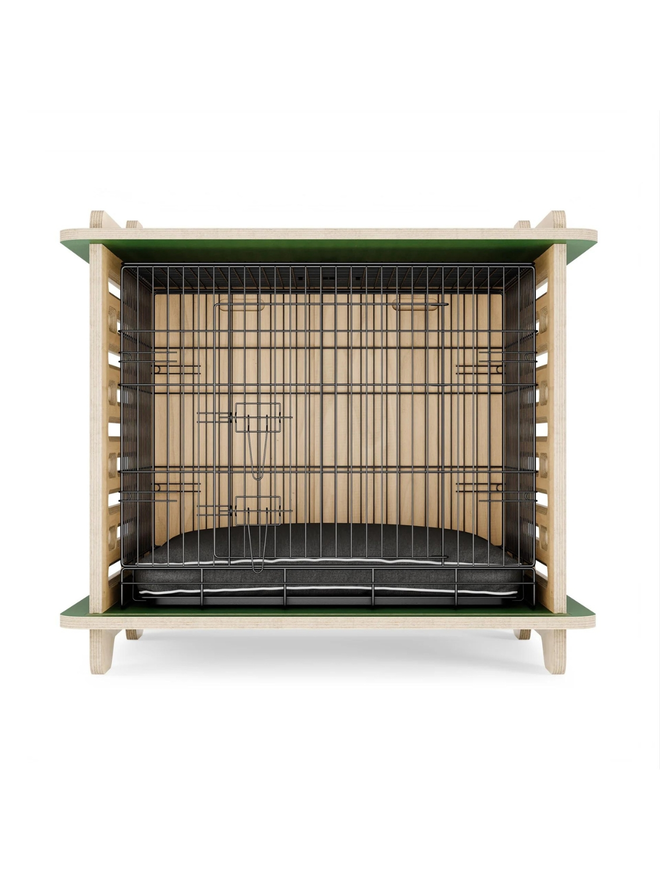 wooden dog crate with green top and cage front