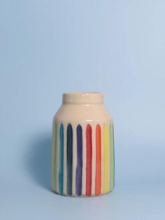 rainbow striped pottery bud vase back view
