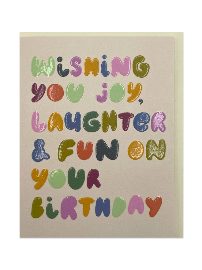 Mini Birthday Card ‘Wishing you joy, laughter & fun on your birthday’ Colourful lettering | Raspberry Blossom