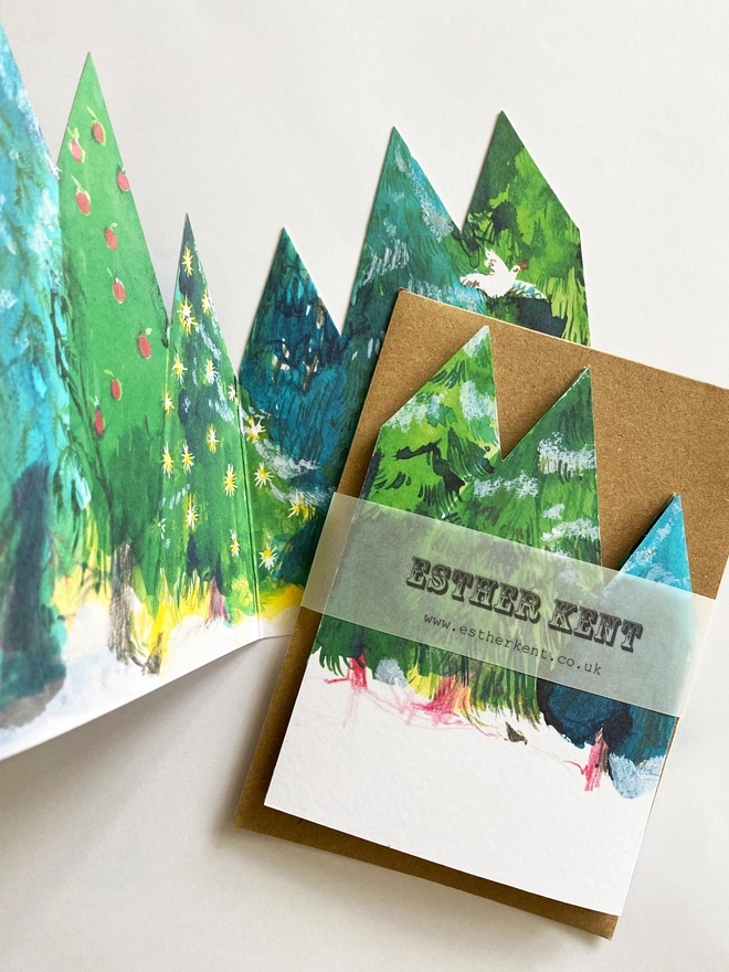 Enchanted Forest concertina greetings card with green trees by Esther Kent