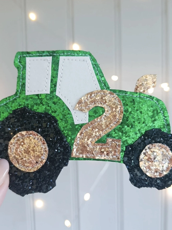 Personalised Glitter Tractor Birthday Badge.