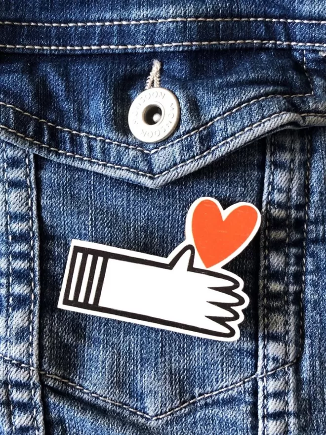 I Love You! Pin Badge - Wood pinned to a denim pocket