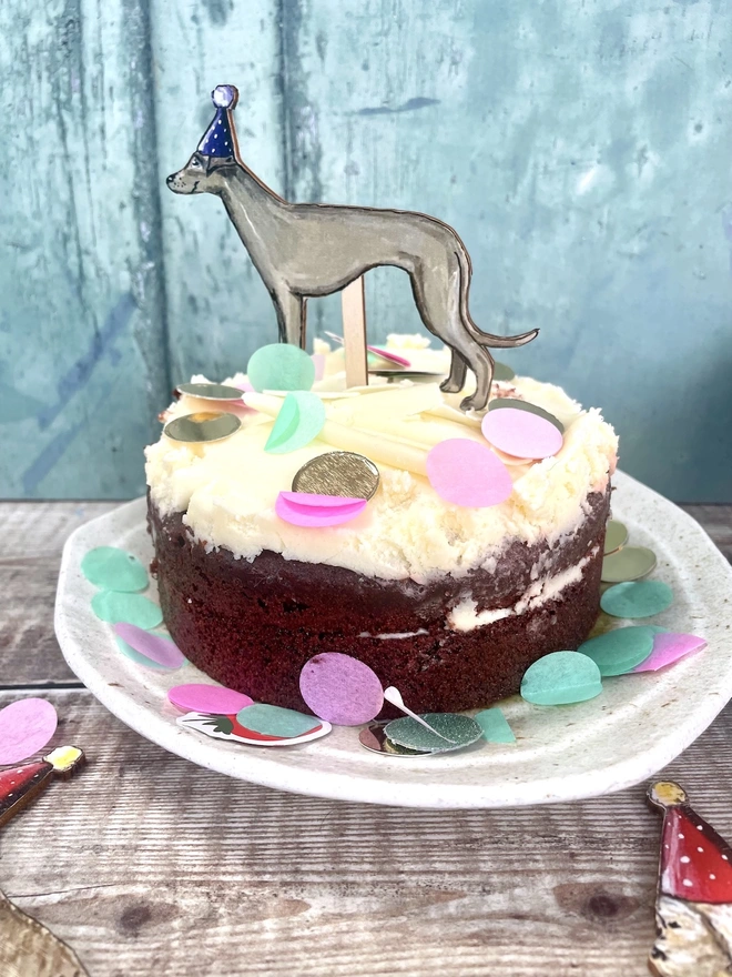 Whippet Cake Topper on an iced cake