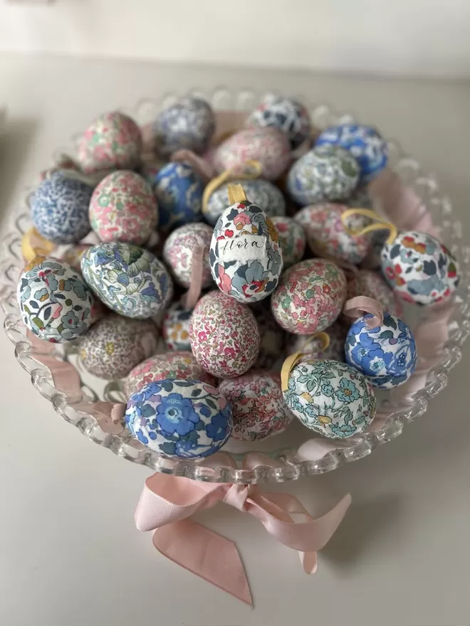 Personalised Liberty fabric decorative eggs in glass bowl with pink ribbon
