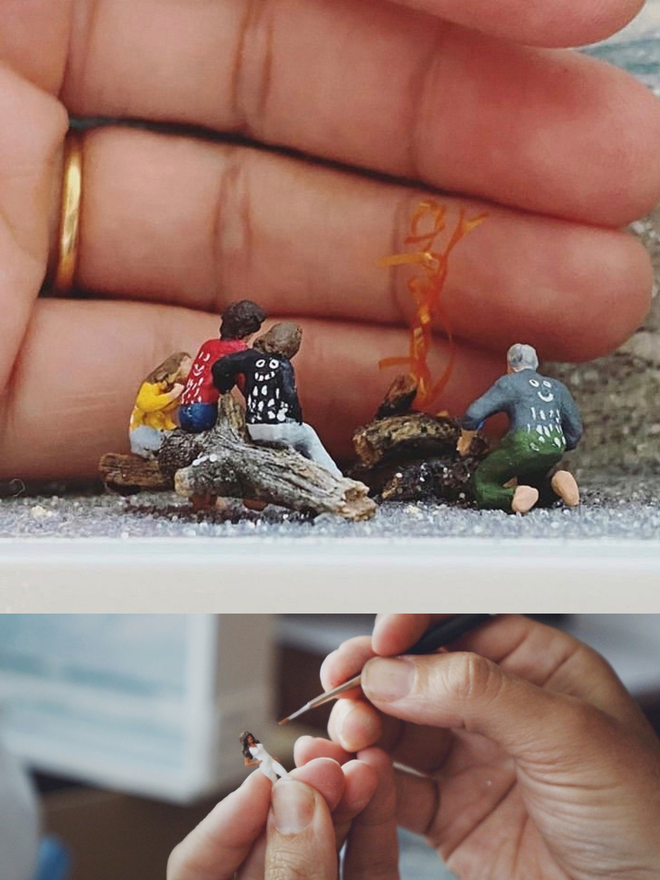 Two images showing the scale of the miniature figures. One is of a bonfire on a beach, the other is of Lisa painting a miniature celebrity figurine (Jameela Jamil)