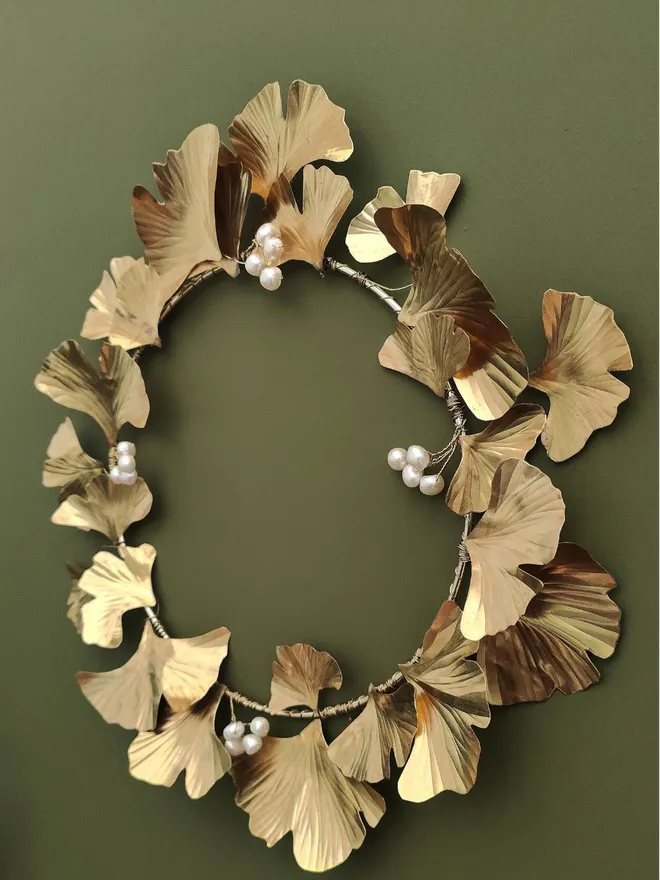 Brass Gingko Leaves Pearl Wreath