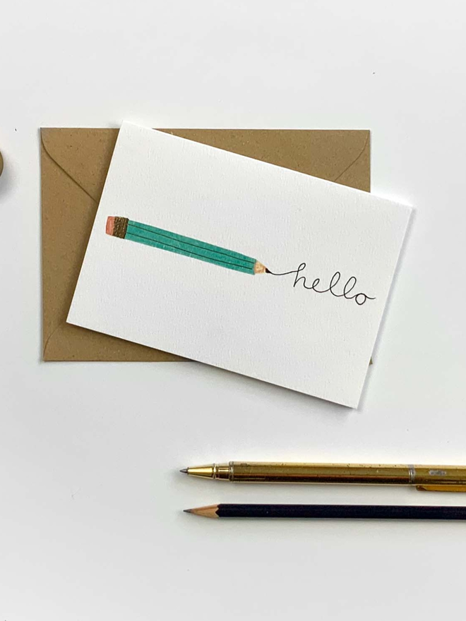 Hello From my Pencil Card. Thinking of you card with C6 Kraft envelope.