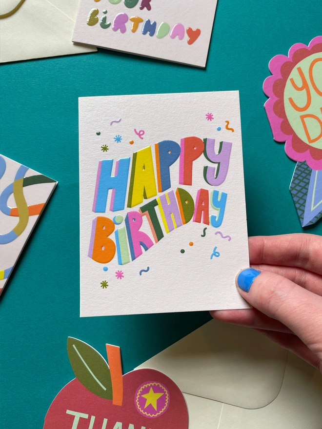 Mini Happy Birthday Card Colourful Rainbow Type Detail | Raspberry Blossom