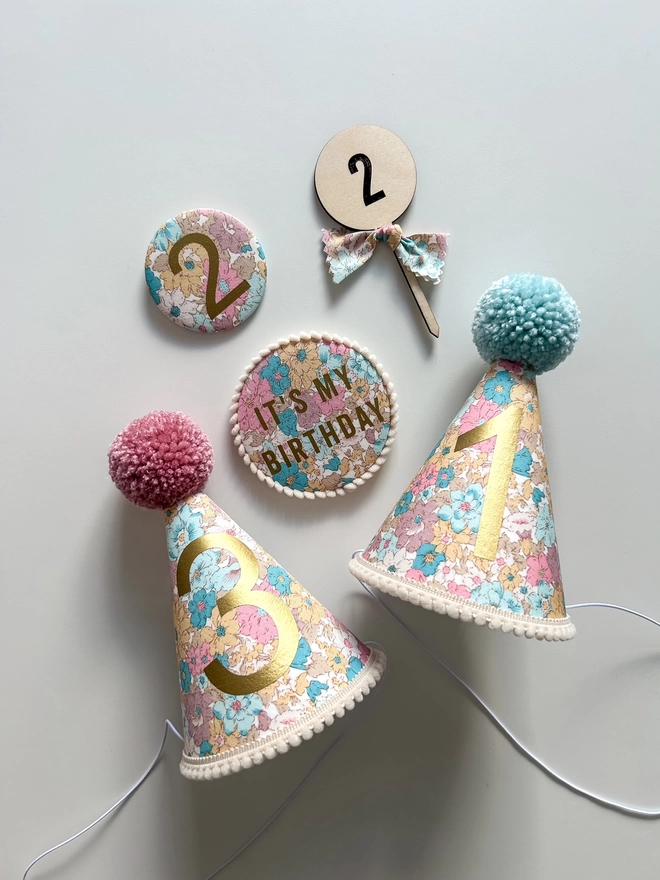 Flower Pattern Party Hats with matching fabric birthday badges