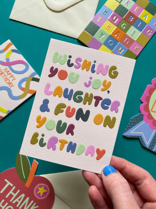 Mini Birthday Card ‘Wishing you joy, laughter & fun on your birthday’ Colourful lettering | Raspberry Blossom