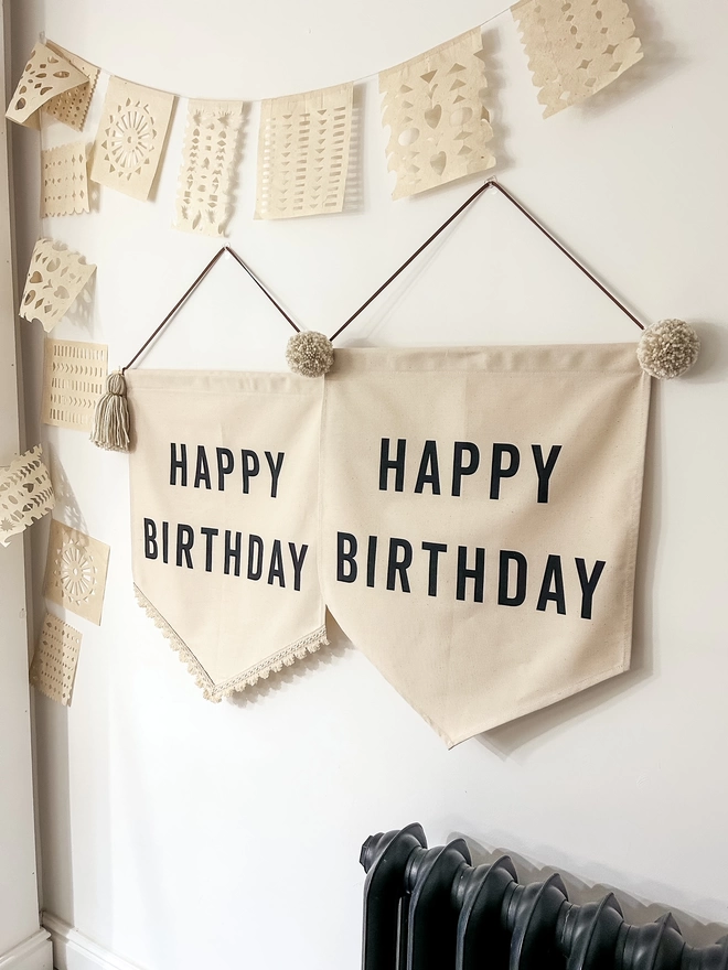 Neutral Colour Canvas Happy Birthday Banners with Tassels and Pom Poms