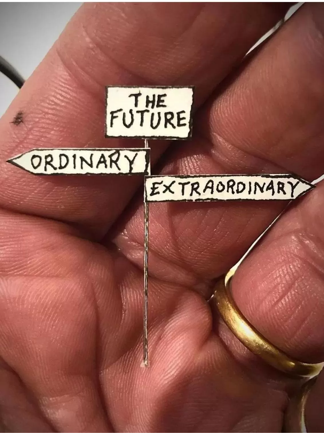 The Future, ordinary and extraodinary signs seen held by a hand
