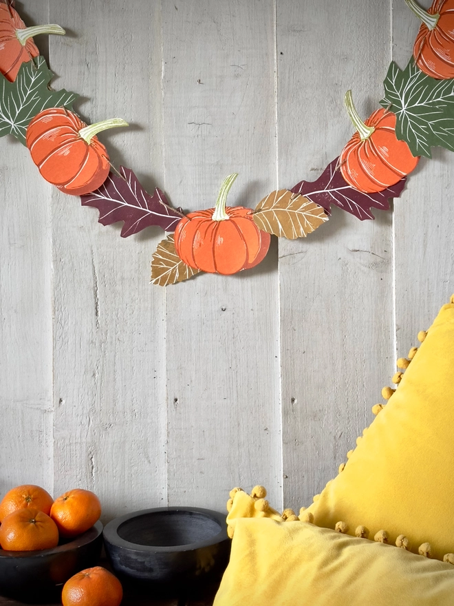 Pumpkin & Autumn Leaves. Hand Printed Linocut Garland