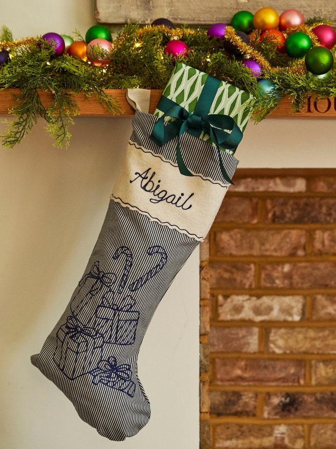 Blue striped embroidered Christmas stocking 