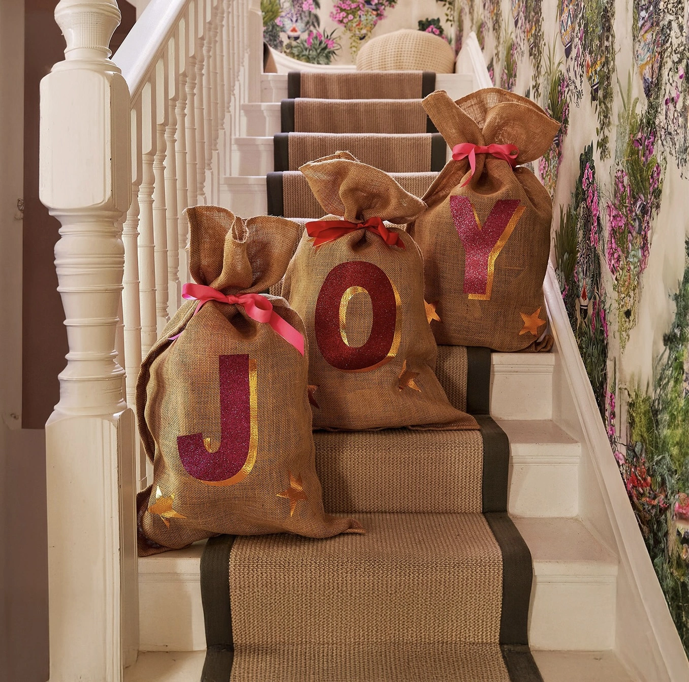 Joy Christmas glitter lettering alphabet hessian sack