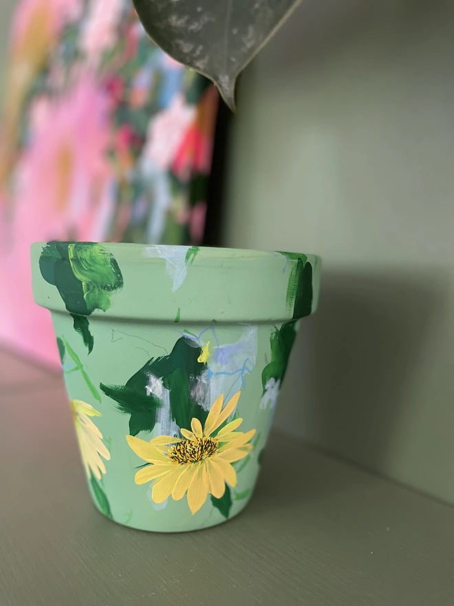 Hand painted Aqua green pot with yellow echinacea flowers