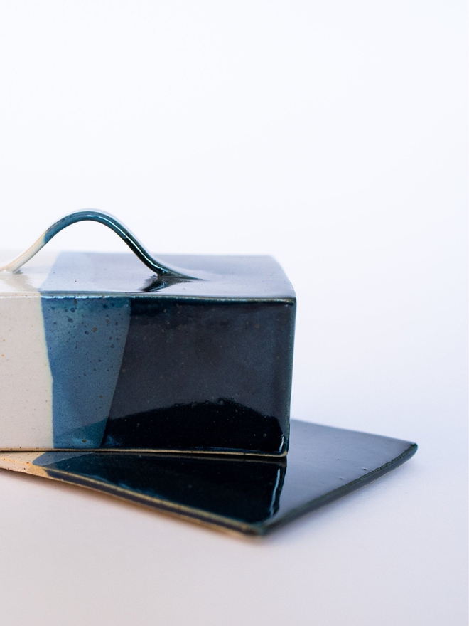 blue and white handmade butter dish