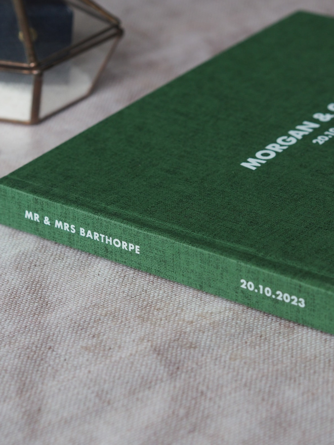 green personalised wedding guestbook spine
