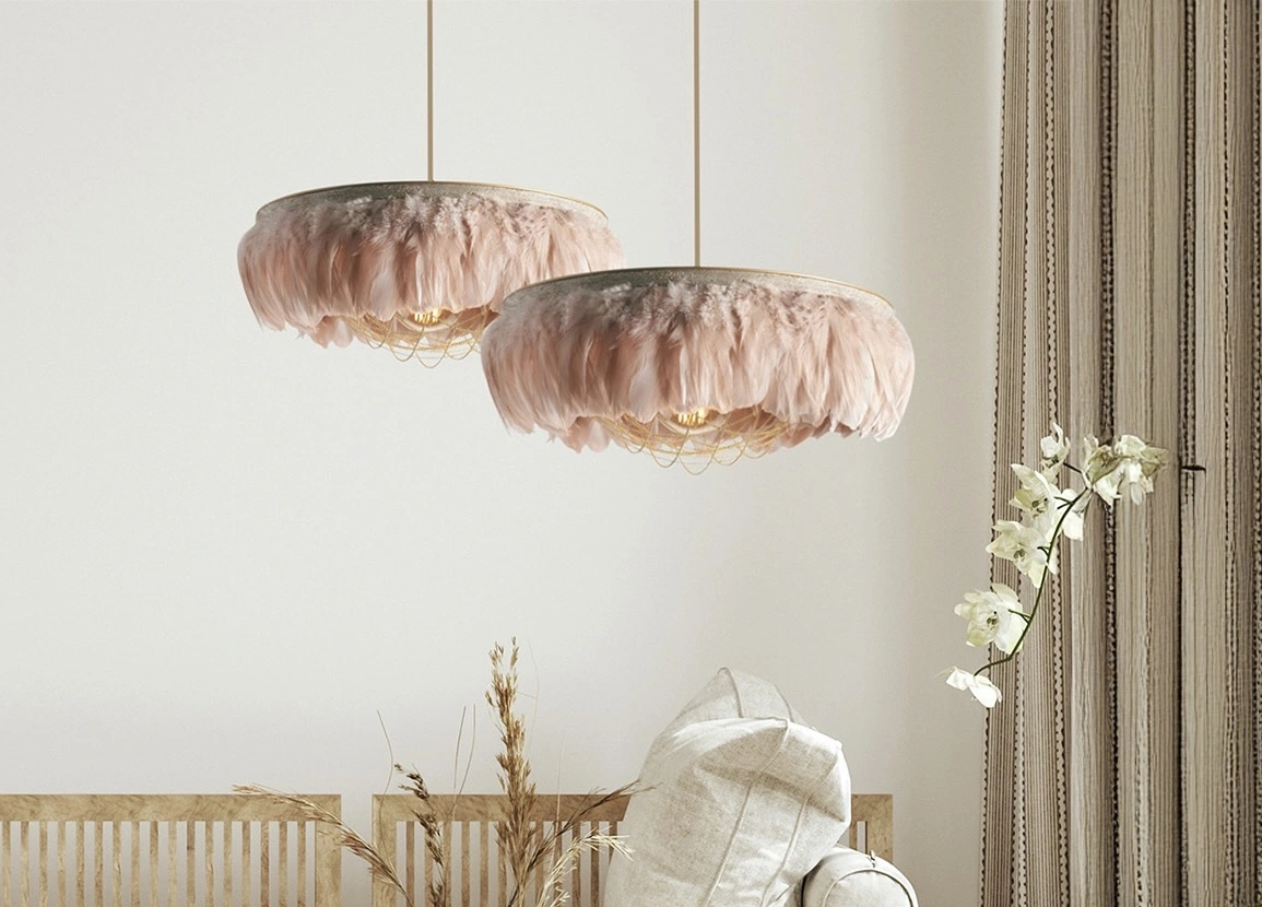 Feathered pink lampshade in a living room