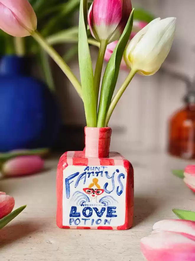 Aunt Fanny's Love Potion ceramic unique hand painted vase from Brimble Studio