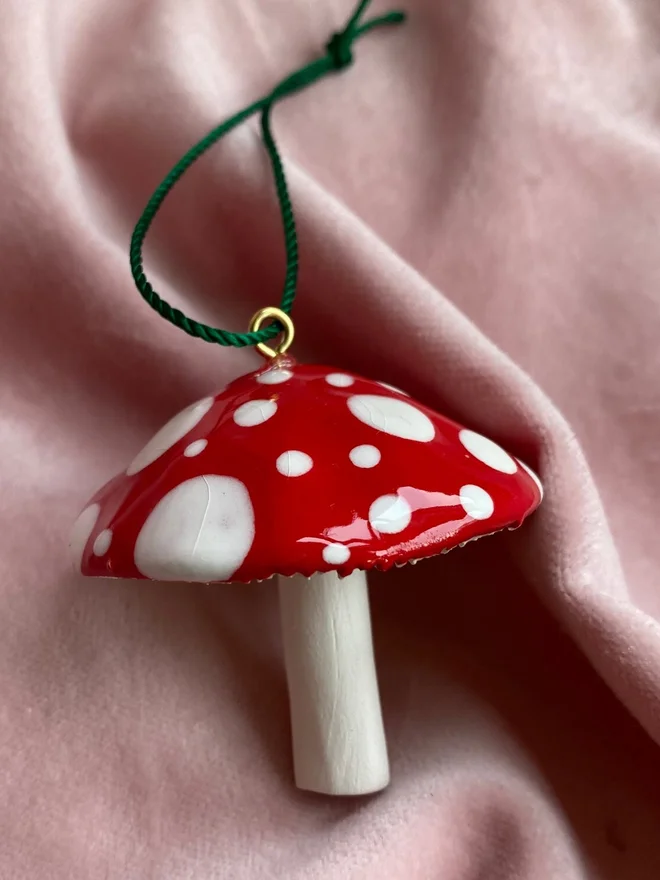 handmade ceramic red and white toadstool bauble 