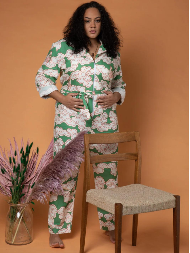 Organic Cotton & Linen Green Clouds Jumpsuit