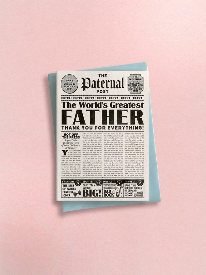 Best Dad Newspaper Greeting card  The perfect greeting card for 'The World's Greatest Father'. This fun vintage inspired newspaper card is sure to be a card that is kept forever. 